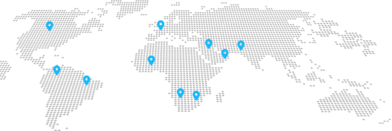 World map dotted in gray with blue pins marking multiple locations around the globe.